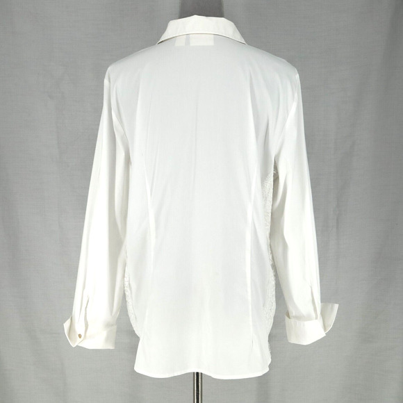 Chicos Top 2 Womens Large 12 White Blouse Cuffed Lace on Sides Buttons Academia - Picture 2 of 16